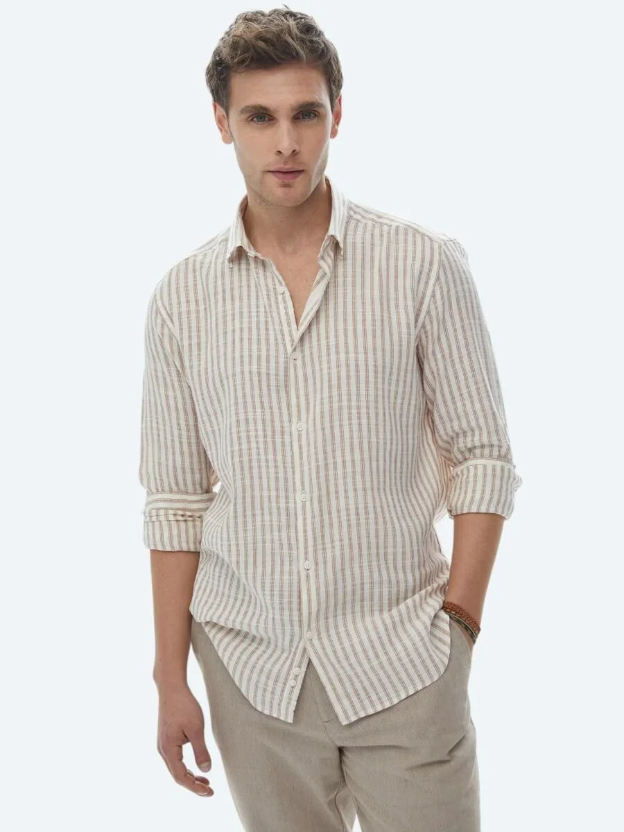 Kiremit Çizgili Regular Fit Dokuma Casual Pamuk Karışımlı Gömlek - 4