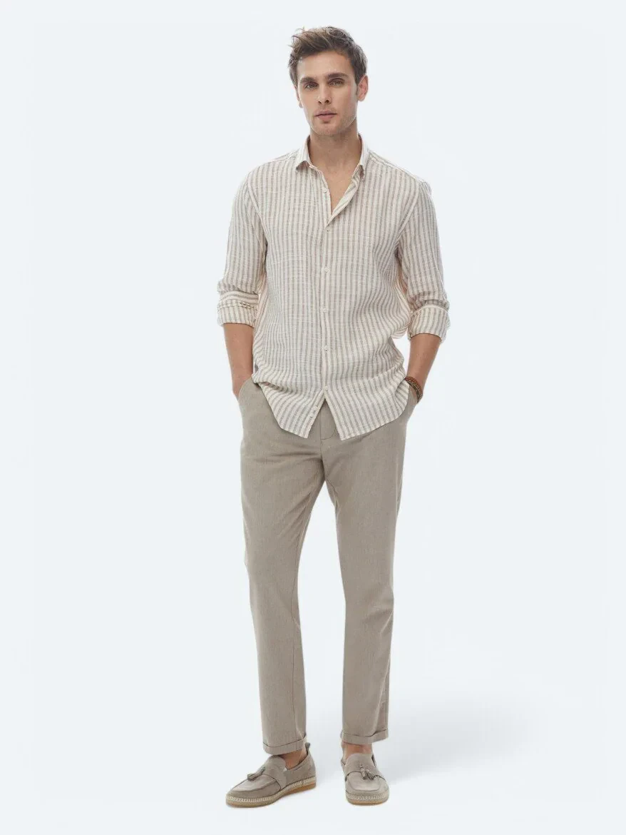 Kiremit Çizgili Regular Fit Dokuma Casual Pamuk Karışımlı Gömlek - 6