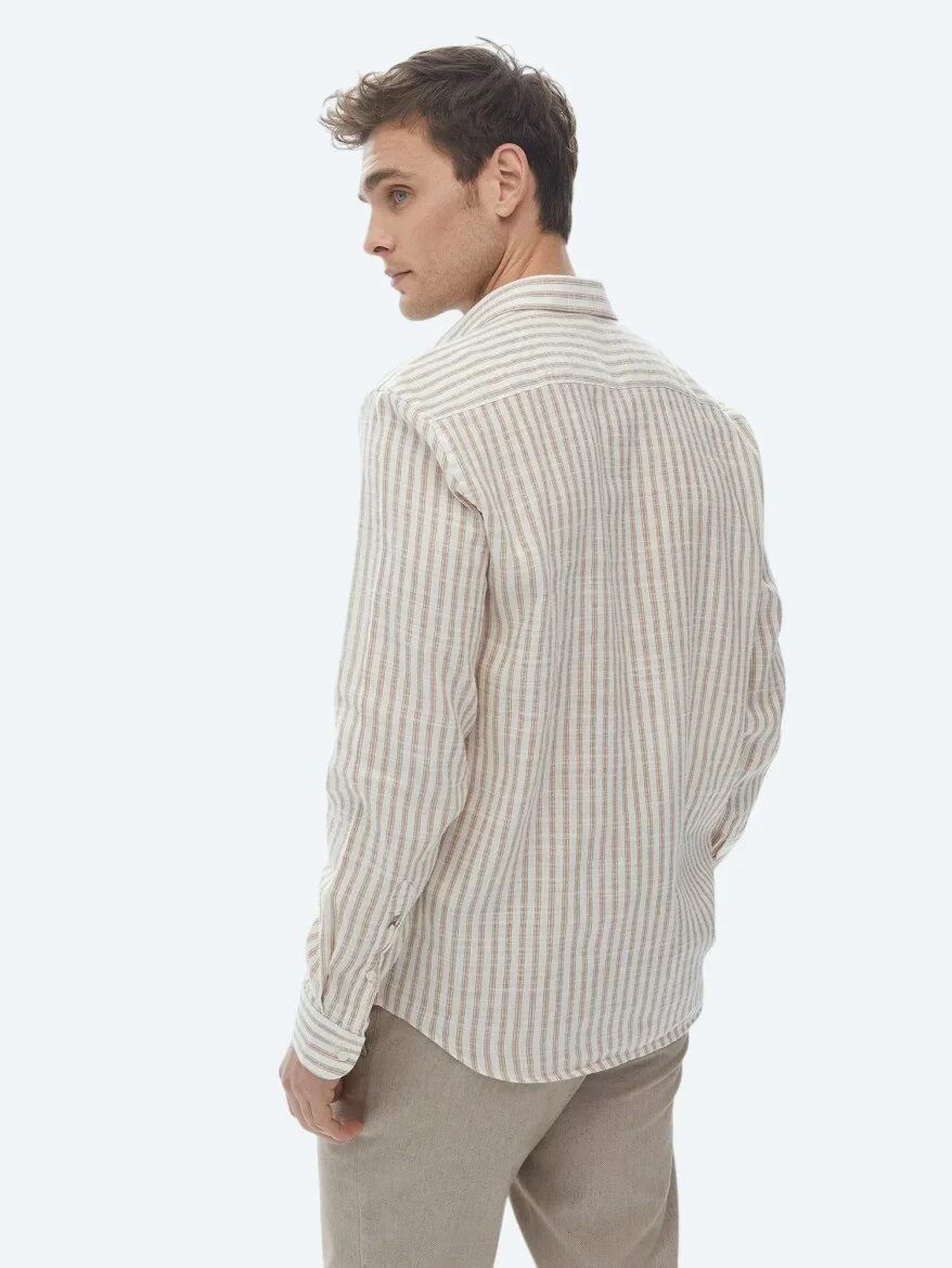 Kiremit Çizgili Regular Fit Dokuma Casual Pamuk Karışımlı Gömlek - 7