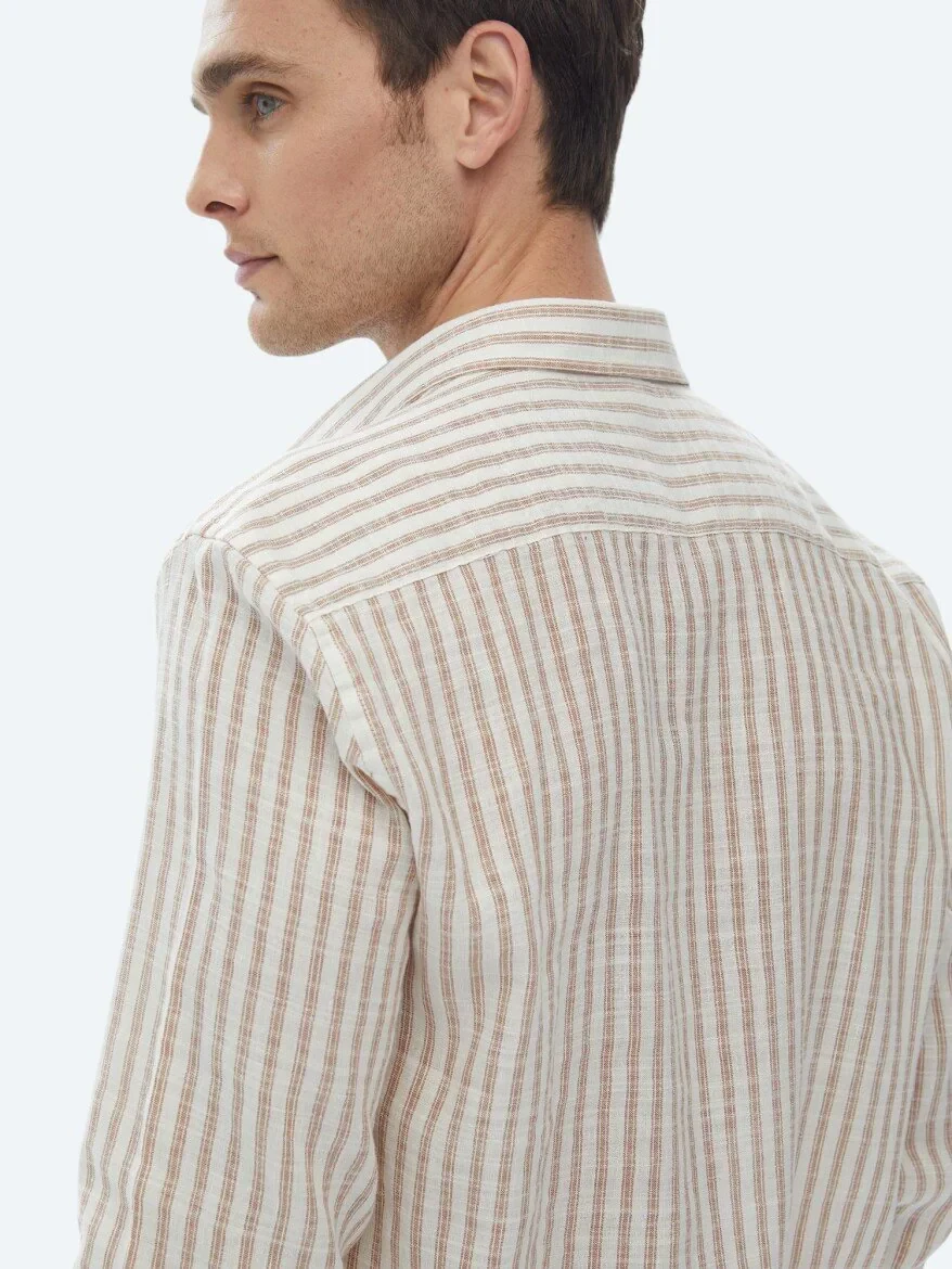 Kiremit Çizgili Regular Fit Dokuma Casual Pamuk Karışımlı Gömlek - 8