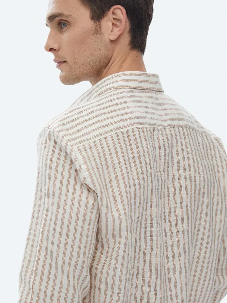 Kiremit Çizgili Regular Fit Dokuma Casual Pamuk Karışımlı Gömlek - 8