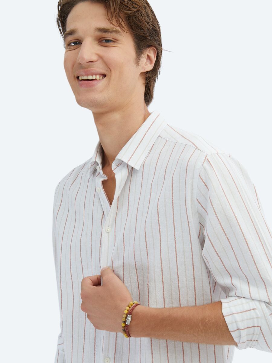 Kiremit Çizgili Regular Fit Uzun Dokuma Casual %100 Pamuk Gömlek - 4