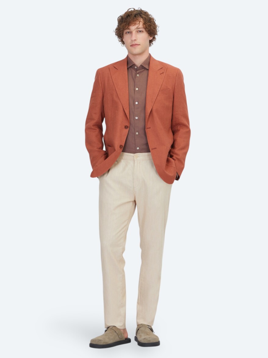 Kiremit Düz Modern Fit %100 Keten Ceket - 2