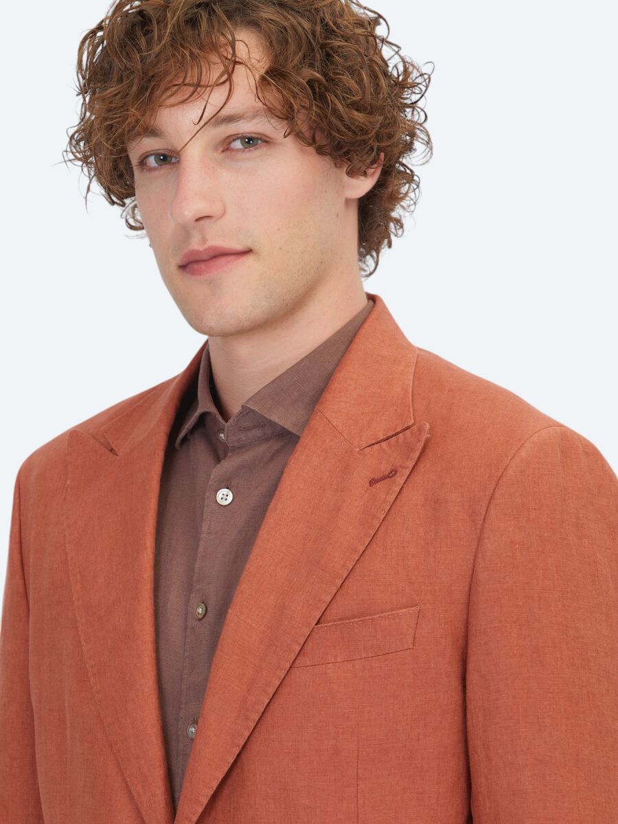 Kiremit Düz Modern Fit %100 Keten Ceket - 3
