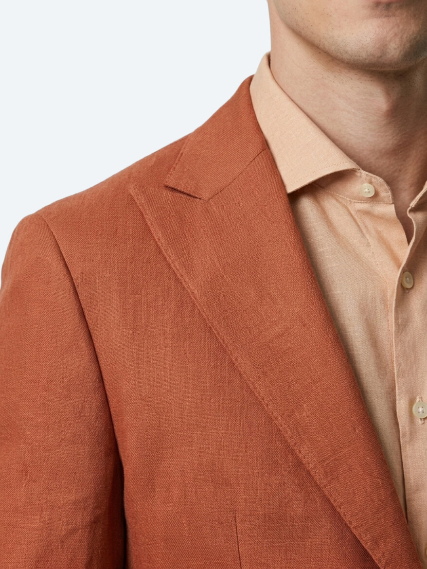 Kiremit Düz Modern Fit %100 Keten Ceket - 3