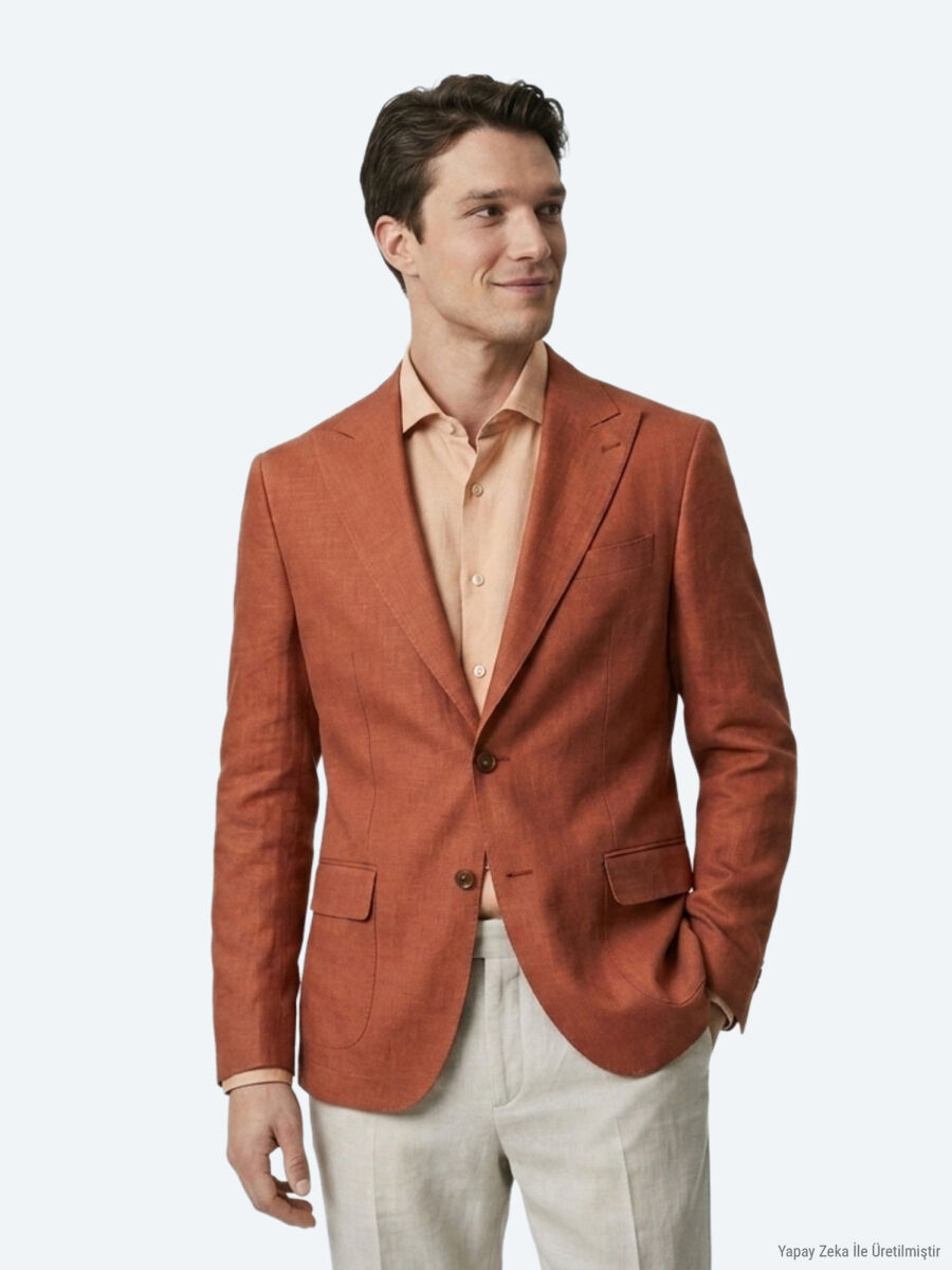 Kiremit Düz Modern Fit %100 Keten Ceket - 1