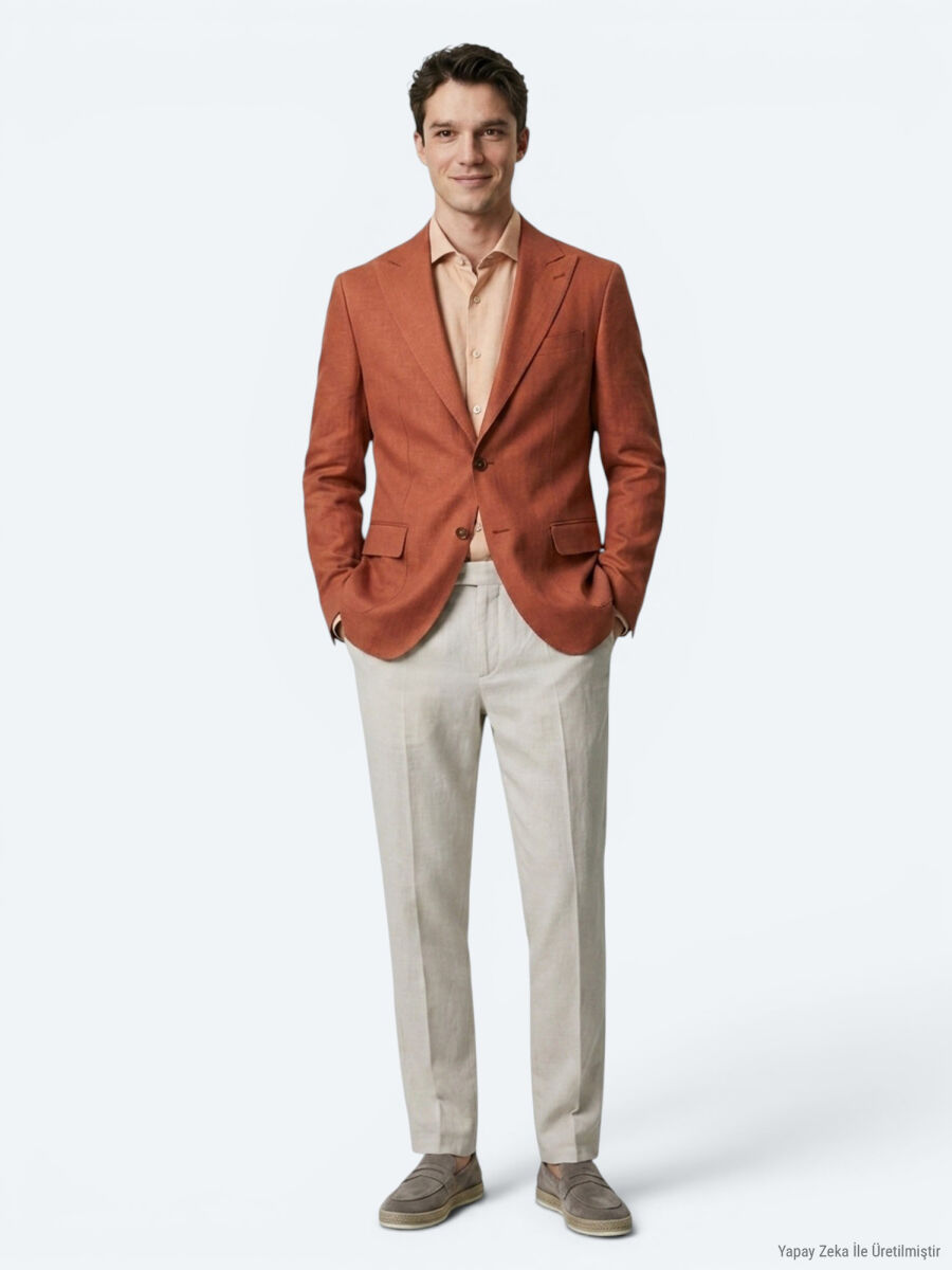 Kiremit Düz Modern Fit %100 Keten Ceket - 2