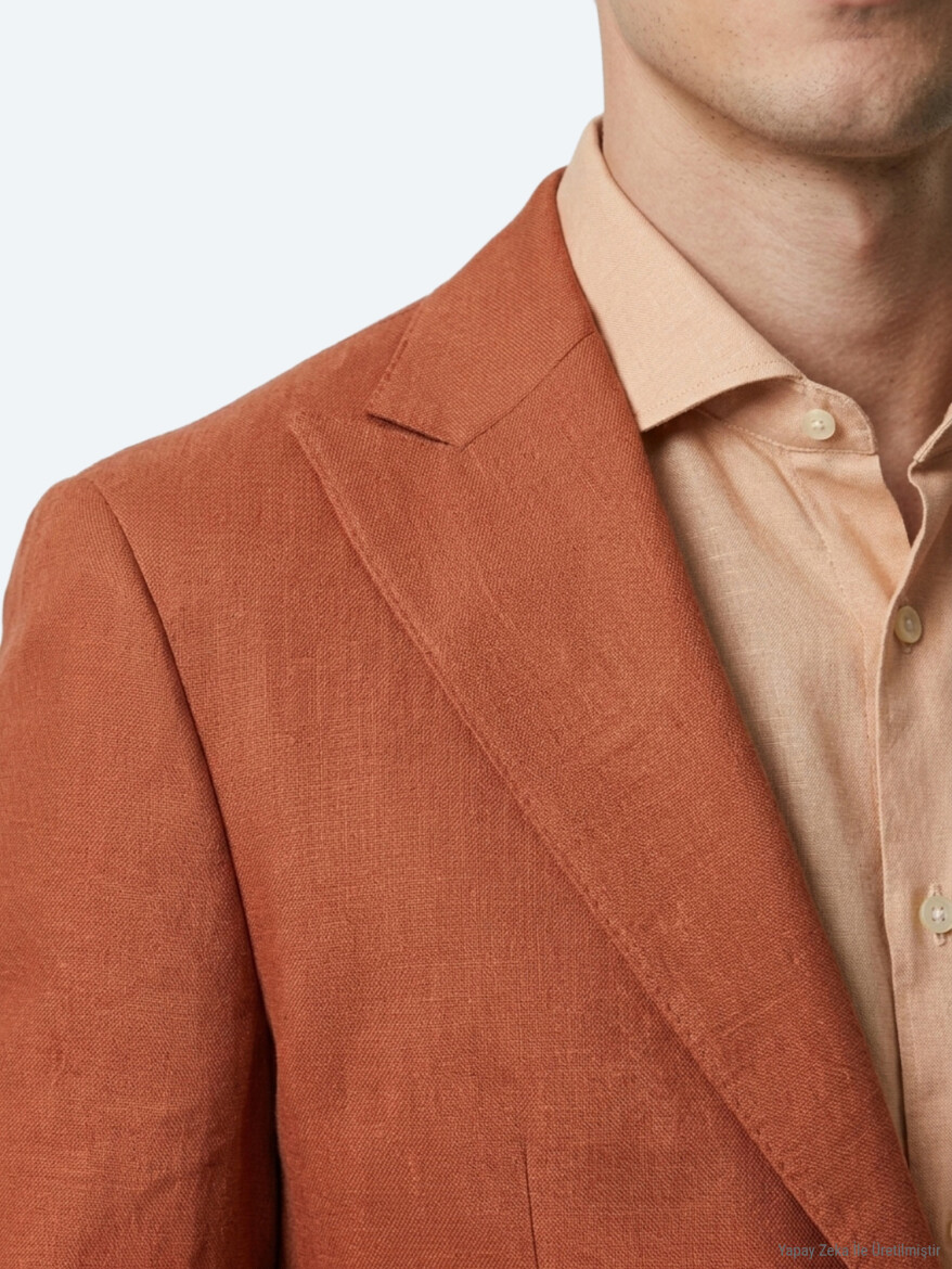 Kiremit Düz Modern Fit %100 Keten Ceket - 3