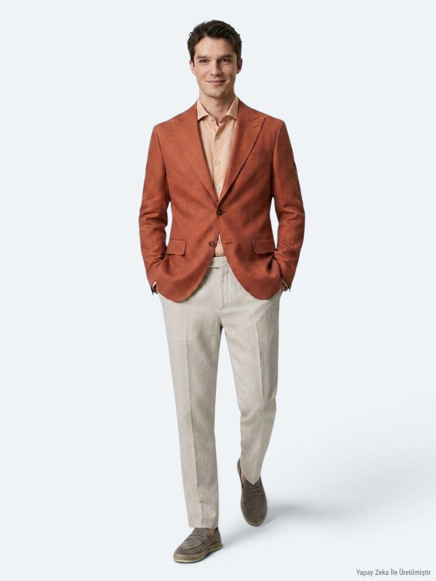 Kiremit Düz Modern Fit %100 Keten Ceket - 4