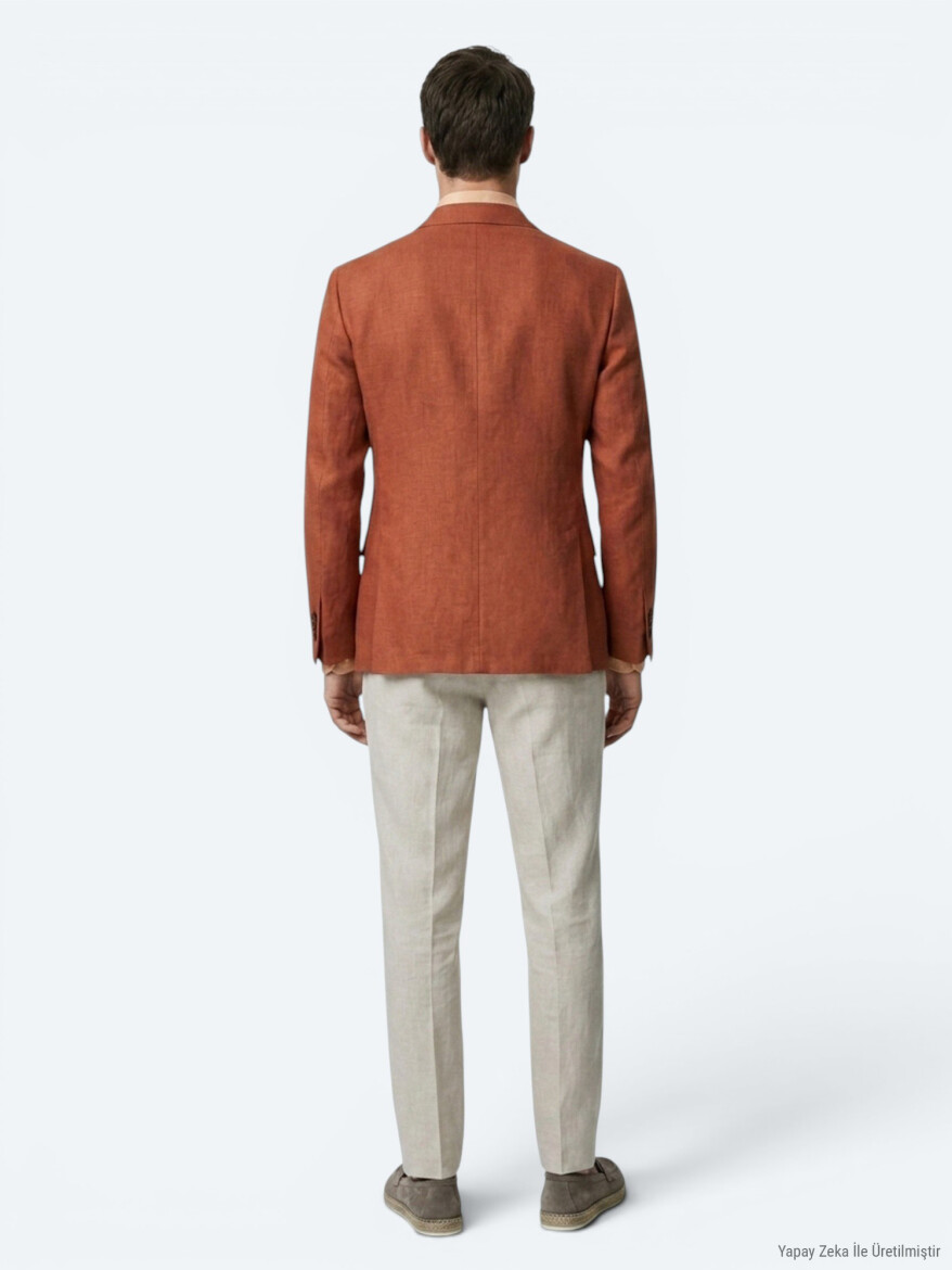 Kiremit Düz Modern Fit %100 Keten Ceket - 5
