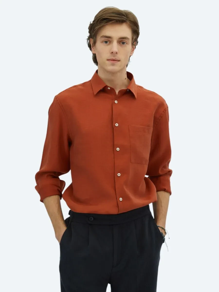 Kiremit Düz Oversize Fit Dokuma Casual Gömlek - 1