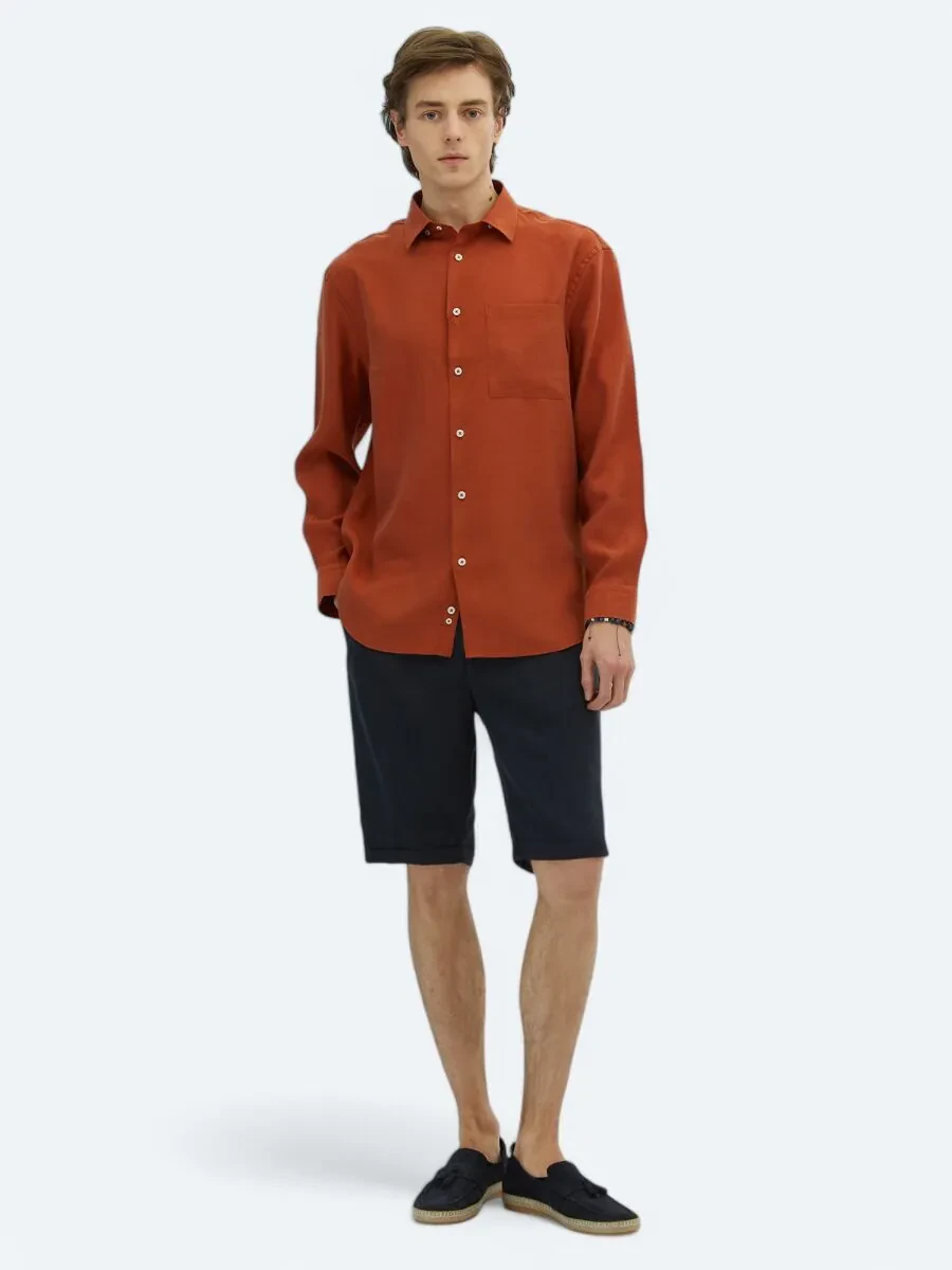 Kiremit Düz Oversize Fit Dokuma Casual Gömlek - 2