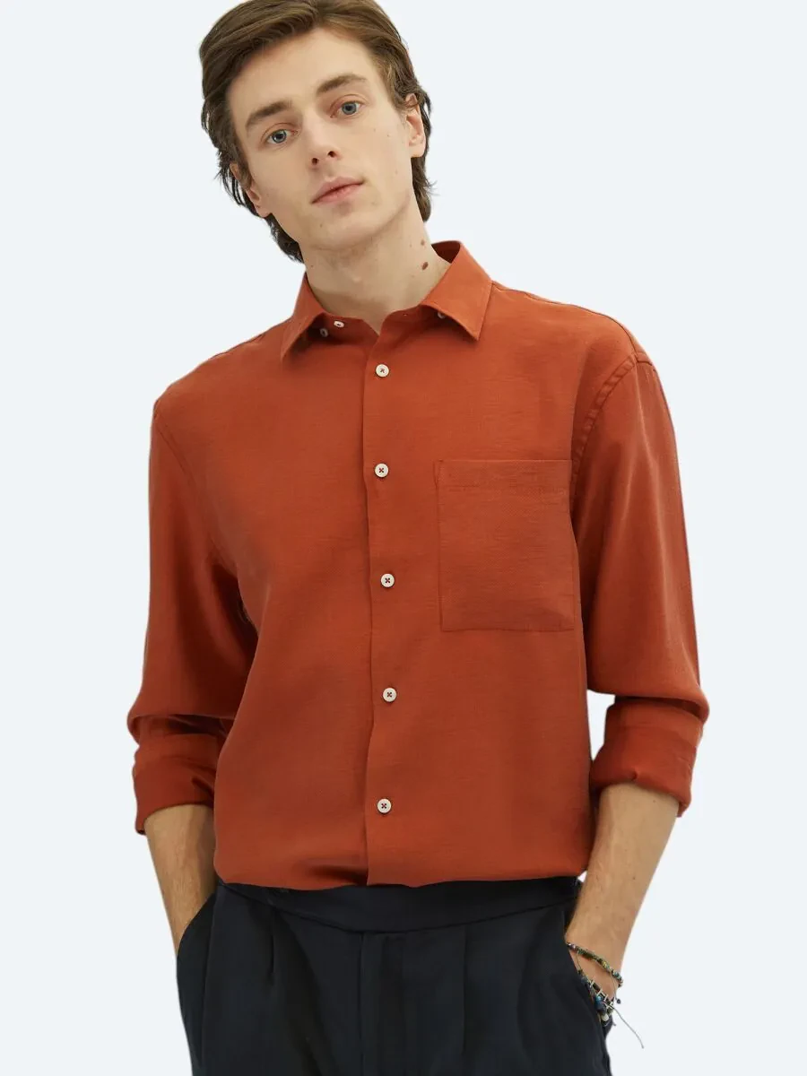 Kiremit Düz Oversize Fit Dokuma Casual Gömlek - 3