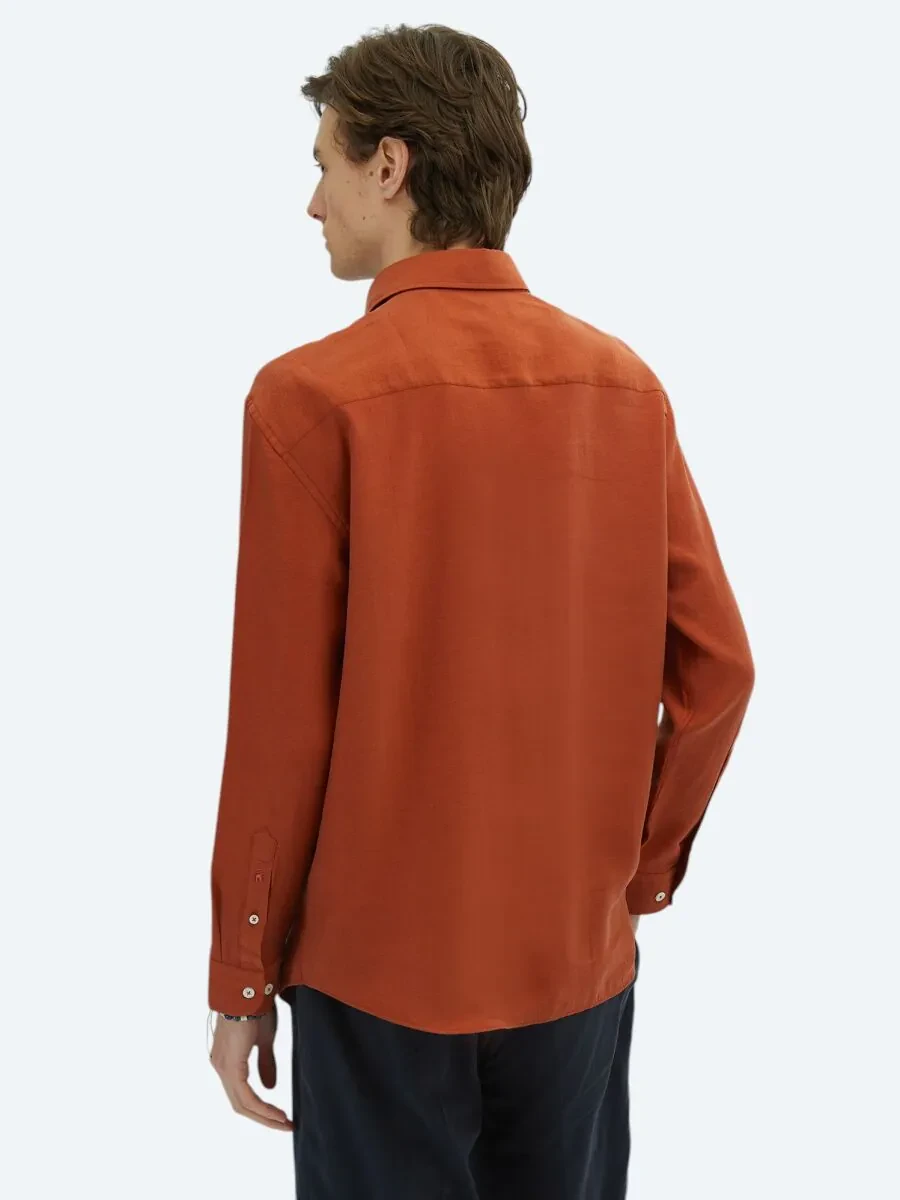 Kiremit Düz Oversize Fit Dokuma Casual Gömlek - 5