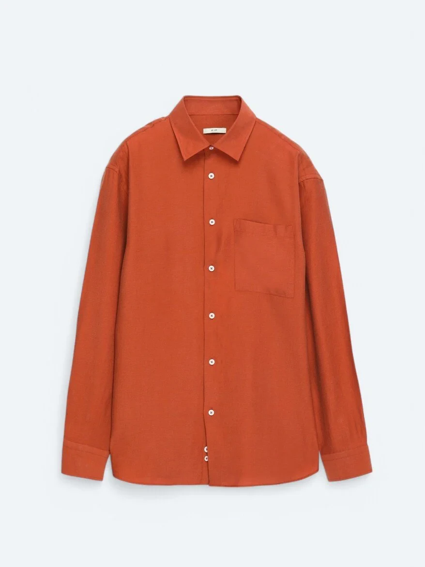 Kiremit Düz Oversize Fit Dokuma Casual Gömlek - 6