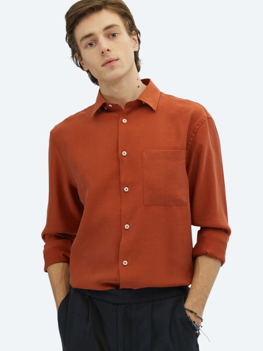 Kiremit Düz Oversize Fit Uzun Dokuma Casual Gömlek - 3