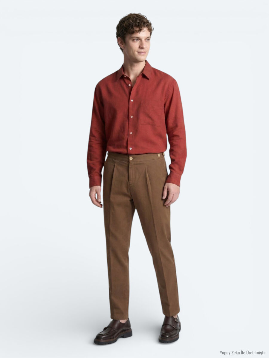 Kiremit Düz Oversize Fit Uzun Dokuma Casual Gömlek - 4