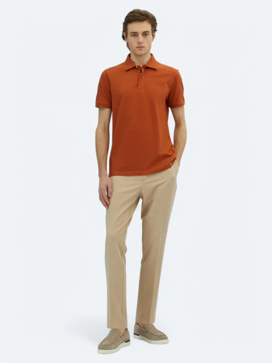 Kiremit Düz Polo Yaka %100 Pamuk T-Shirt - 2