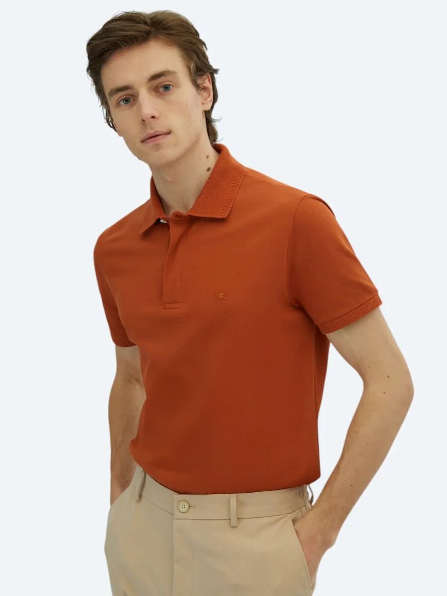 Kiremit Düz Polo Yaka %100 Pamuk T-Shirt - 3