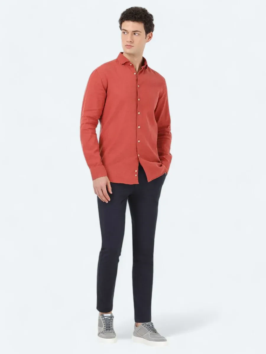 Kiremit Düz Regular Fit Dokuma Casual Pamuk Karışımlı Gömlek - 2