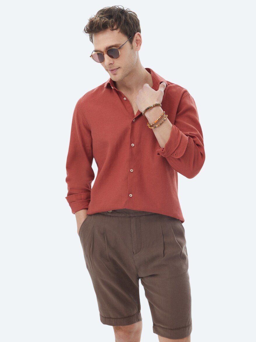 Kiremit Düz Regular Fit Uzun Dokuma Casual Pamuk Karışımlı Gömlek - 3
