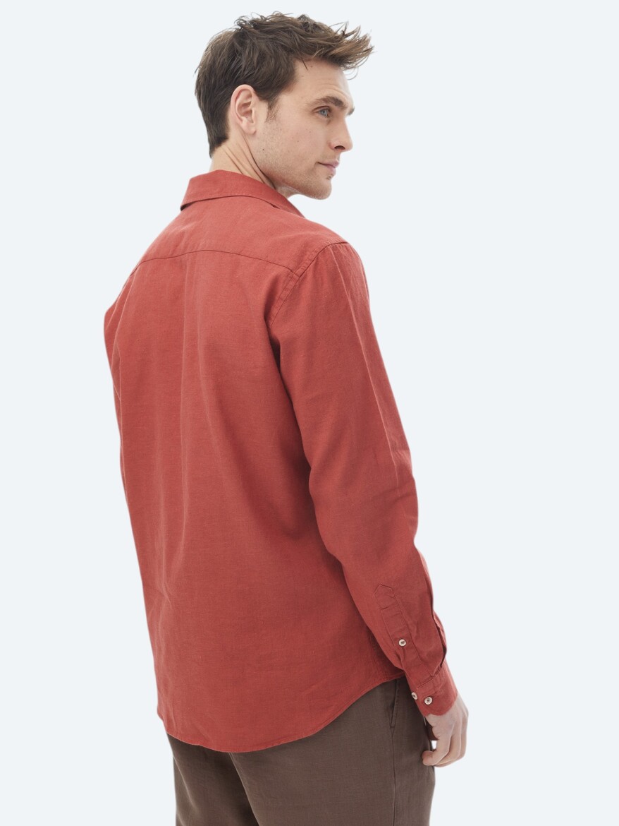 Kiremit Düz Regular Fit Uzun Dokuma Casual Pamuk Karışımlı Gömlek - 5