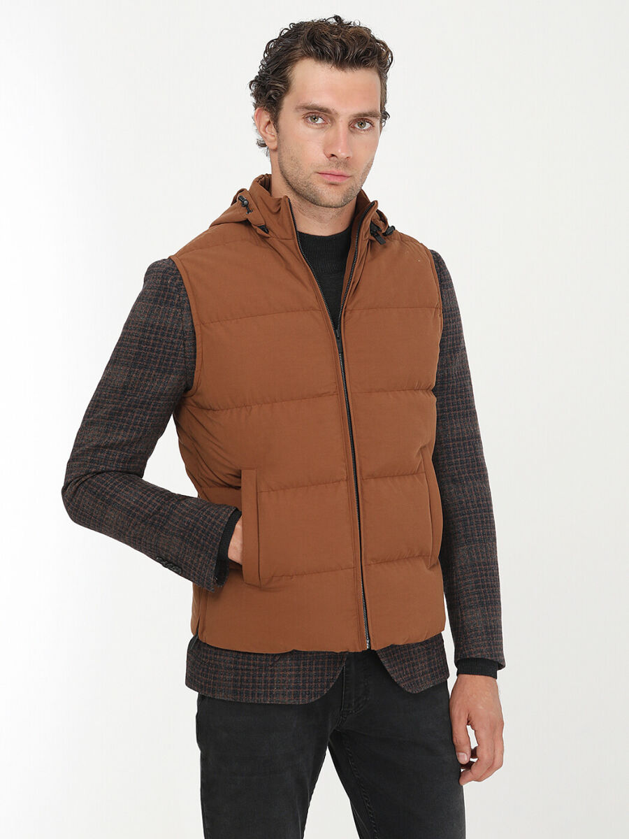 Kiremit Regular Fit Kapüşonlu Casual Dokuma Spor Yelek - 1