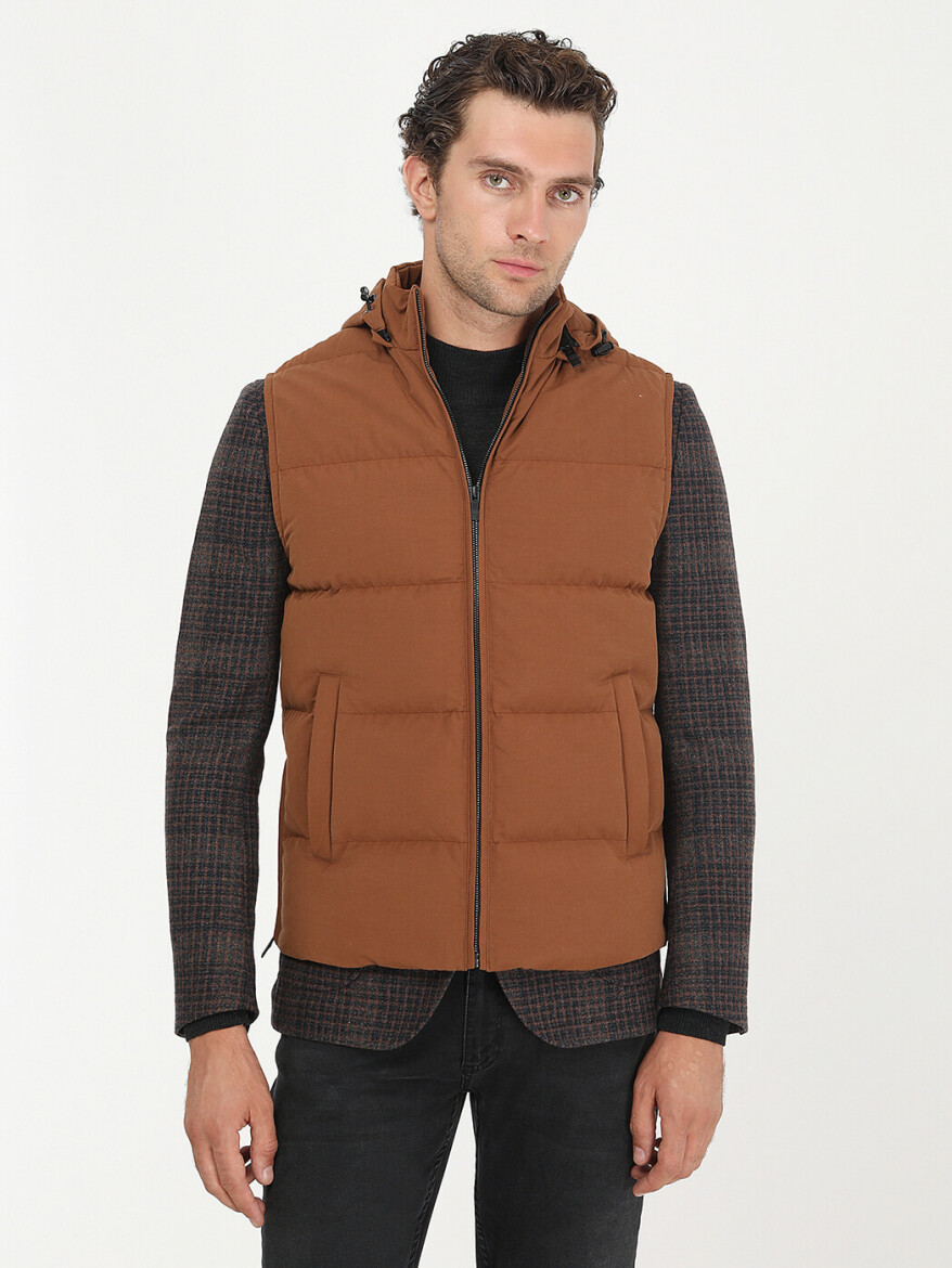 Kiremit Regular Fit Kapüşonlu Casual Dokuma Spor Yelek - 3