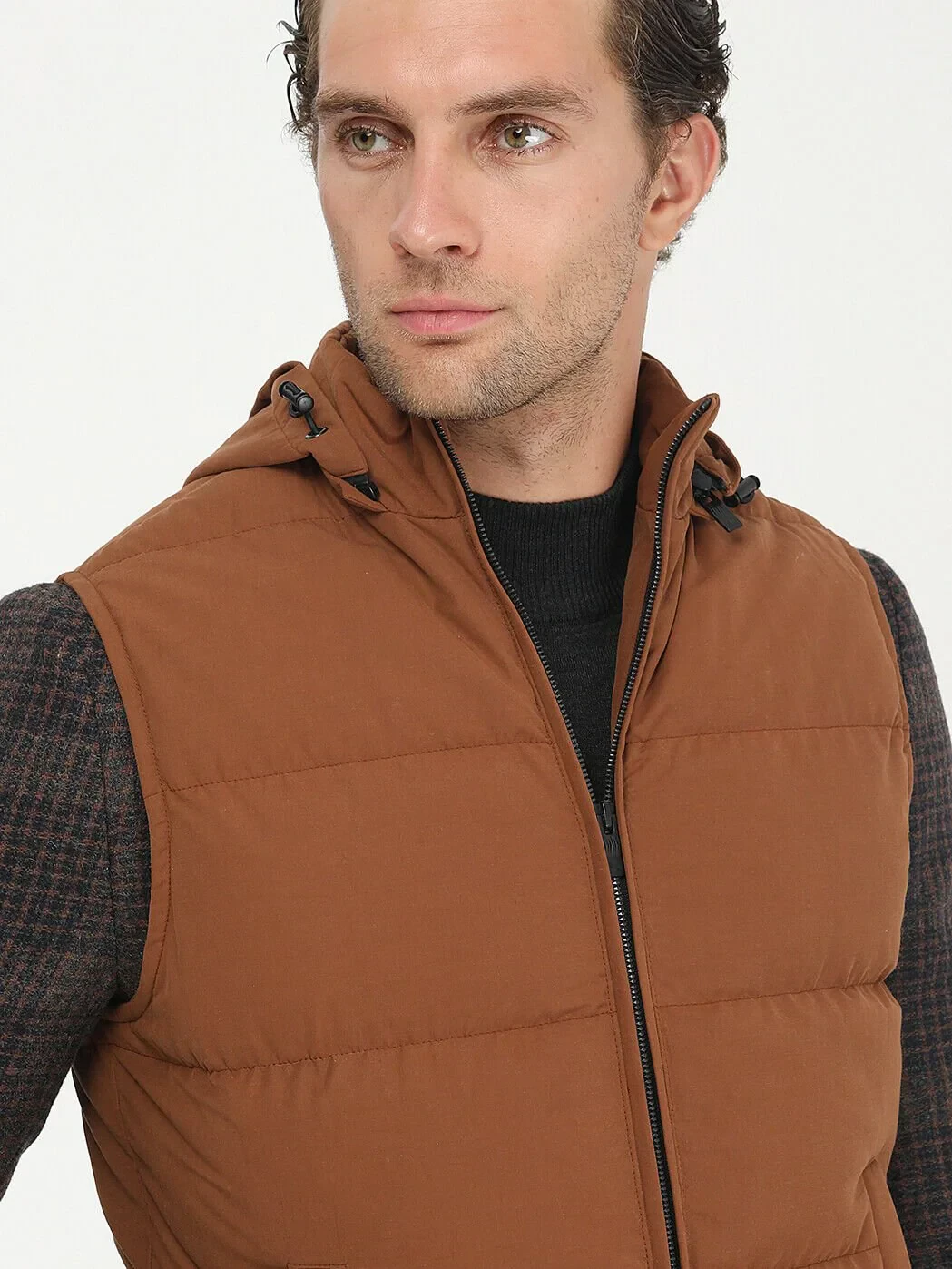Kiremit Regular Fit Kapüşonlu Casual Dokuma Spor Yelek - 2