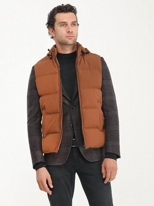 Kiremit Regular Fit Kapüşonlu Casual Dokuma Spor Yelek - 5