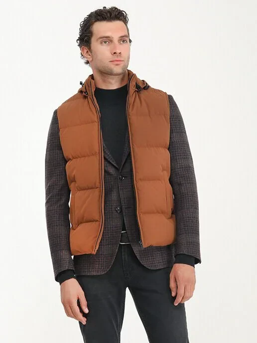Kiremit Regular Fit Kapüşonlu Casual Dokuma Spor Yelek - 5
