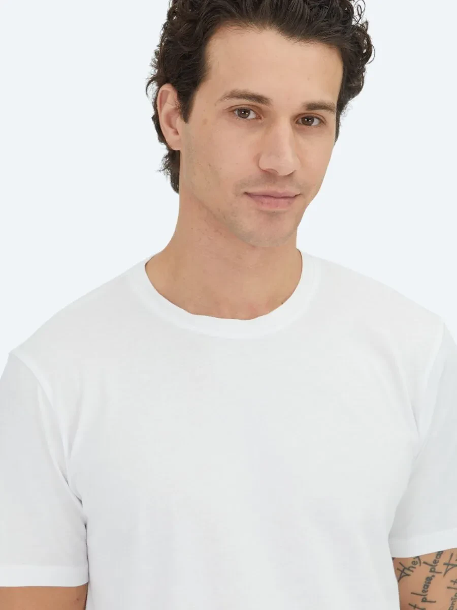 Kırık Beyaz Düz Bisiklet Yaka %100 Pamuk T-Shirt - 3