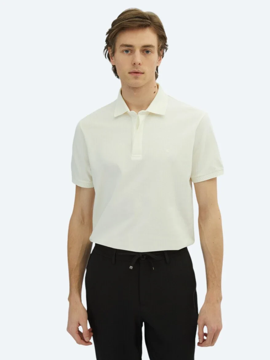 Kırık Beyaz Düz Polo Yaka %100 Pamuk T-Shirt - 1