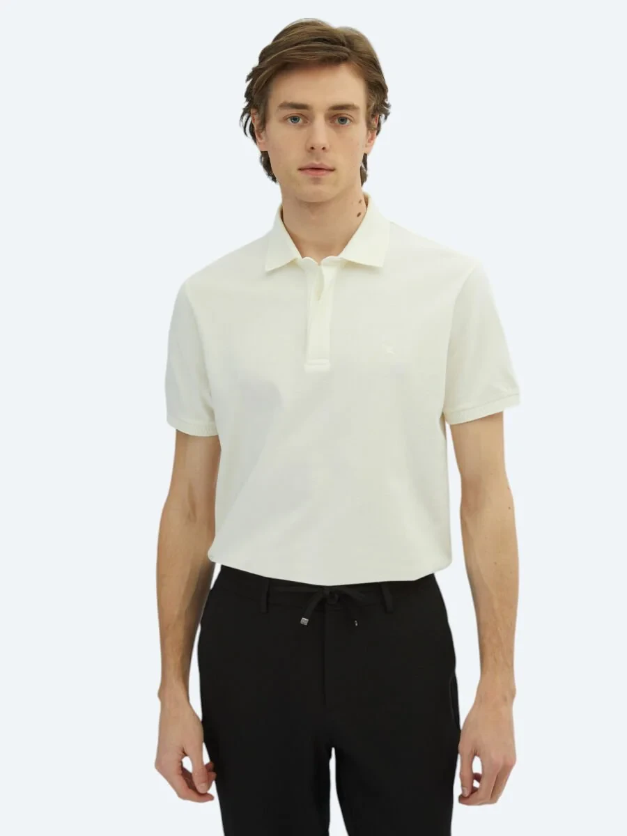 Kırık Beyaz Düz Polo Yaka %100 Pamuk T-Shirt - 1