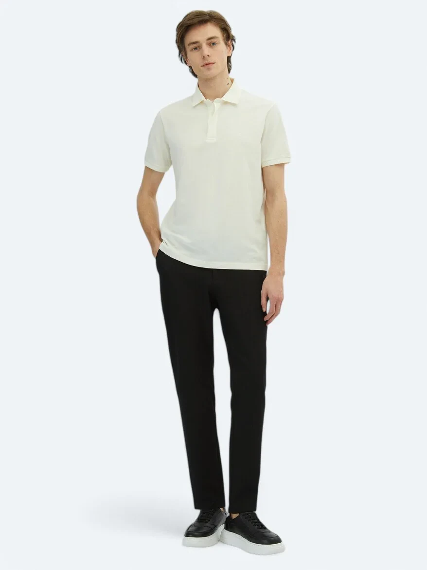 Kırık Beyaz Düz Polo Yaka %100 Pamuk T-Shirt - 2
