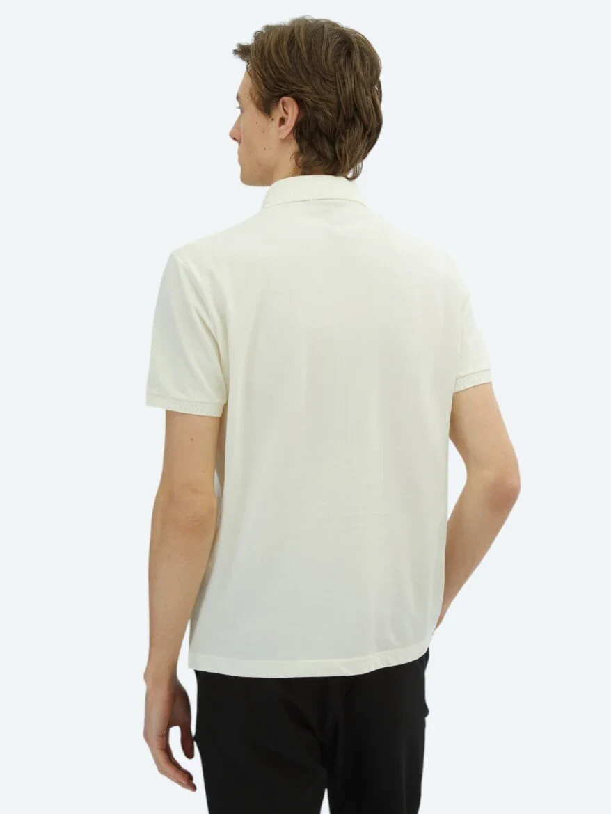 Kırık Beyaz Düz Polo Yaka %100 Pamuk T-Shirt - 5