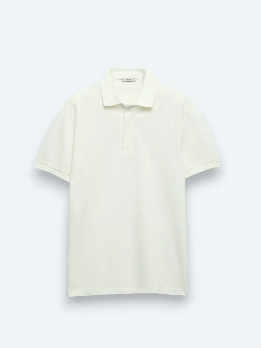 Kırık Beyaz Düz Polo Yaka %100 Pamuk T-Shirt - 6