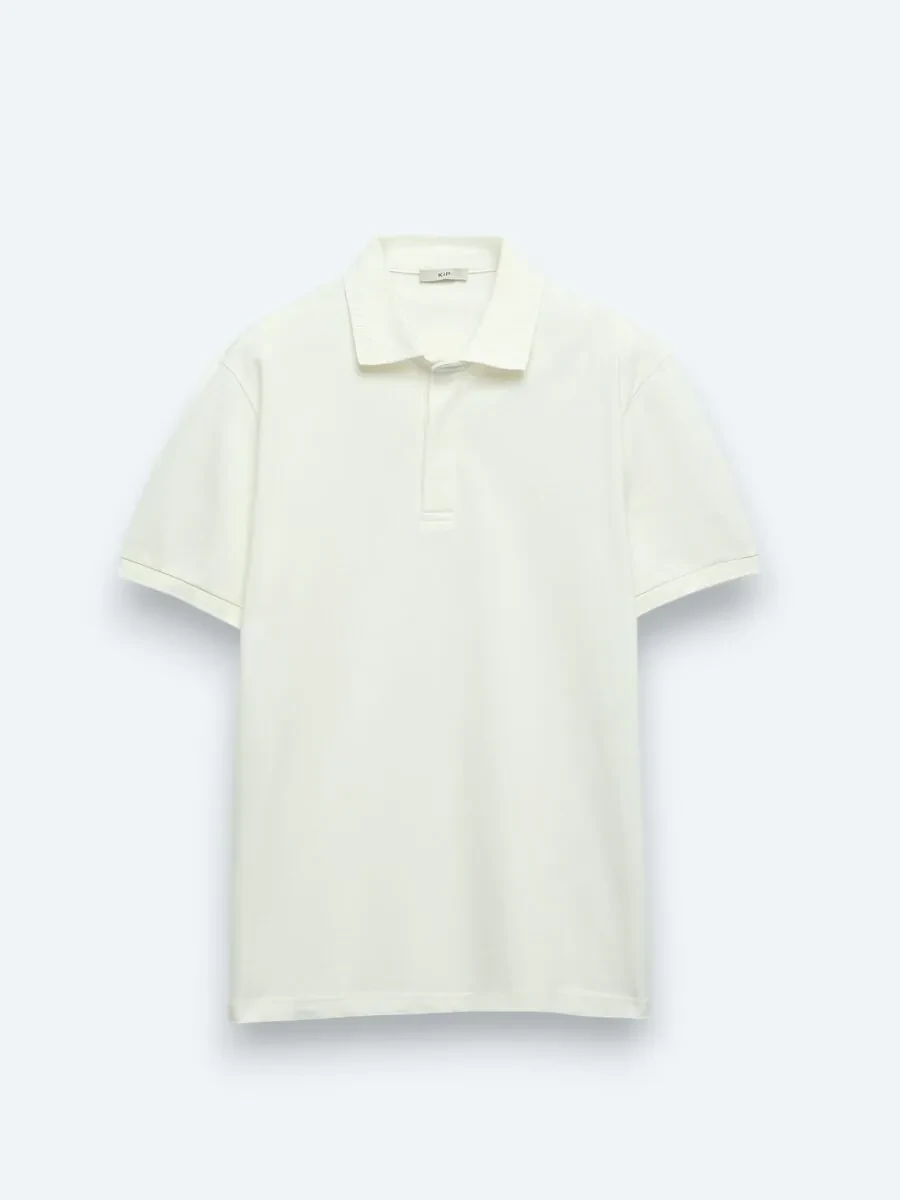 Kırık Beyaz Düz Polo Yaka %100 Pamuk T-Shirt - 6