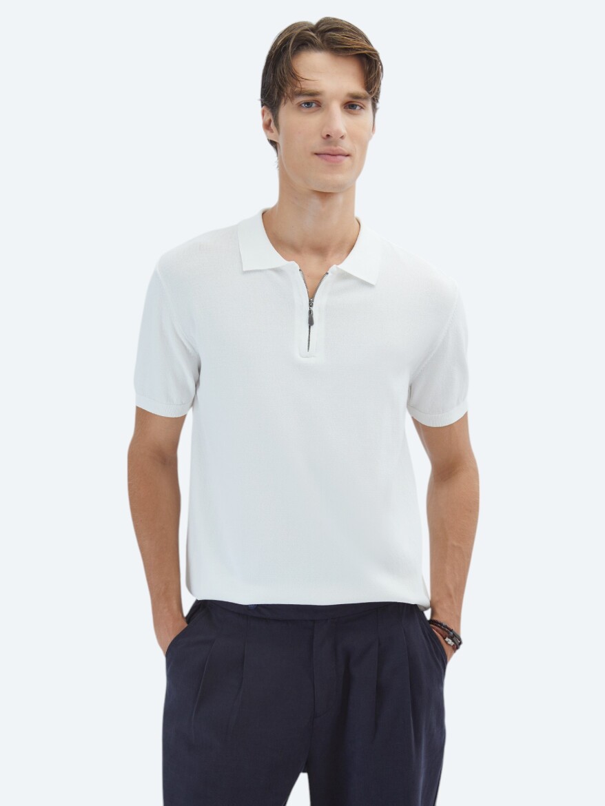 Kırık Beyaz Polo Yaka Düz Örgü Triko - KİP