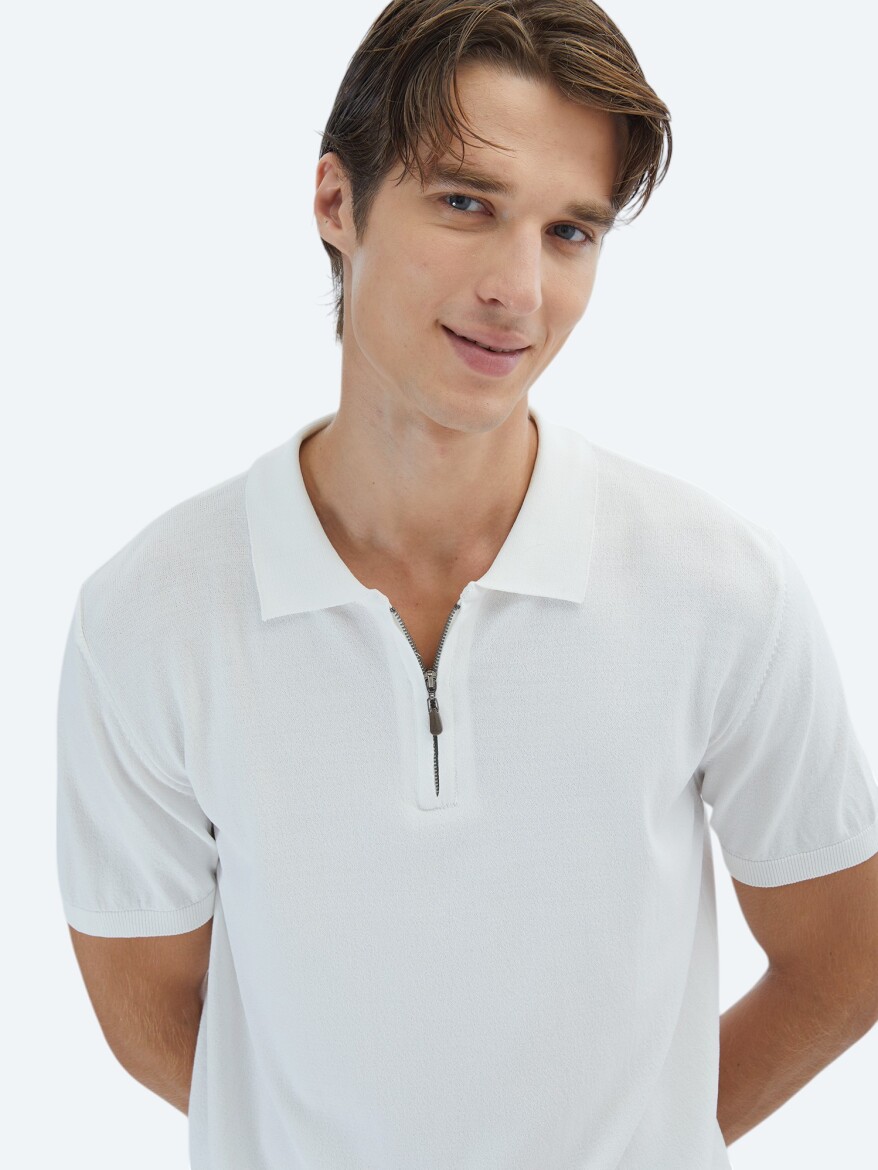 Kırık Beyaz Polo Yaka Düz Örgü Triko - 3