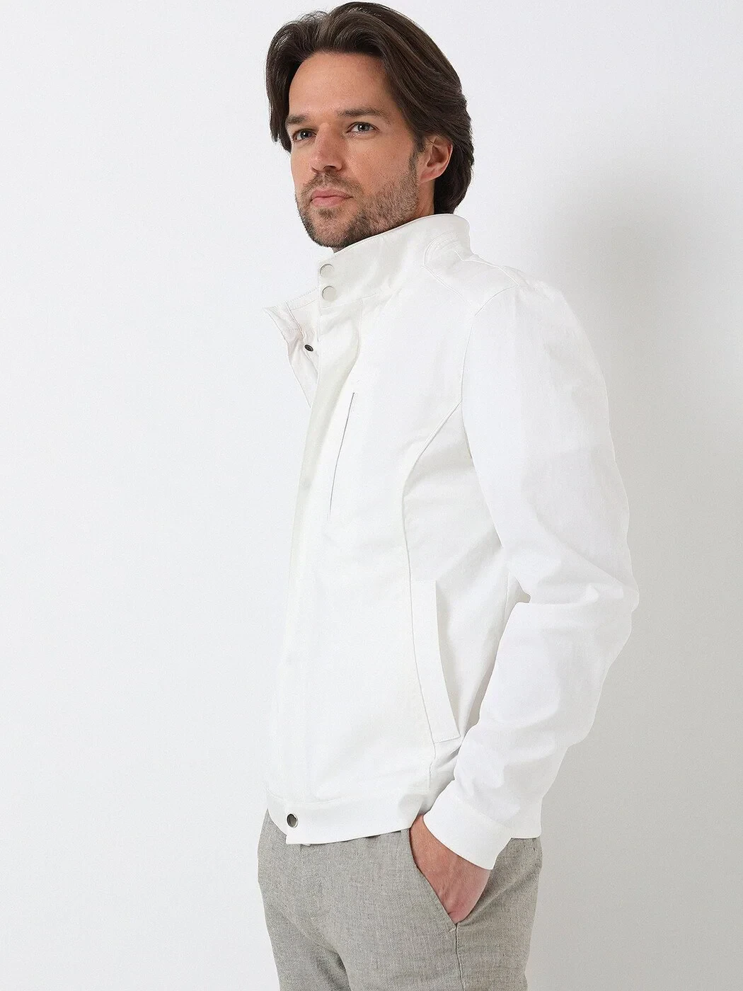Kırık Beyaz Regular Fit Dik Yaka Casual Dokuma Mont - 1