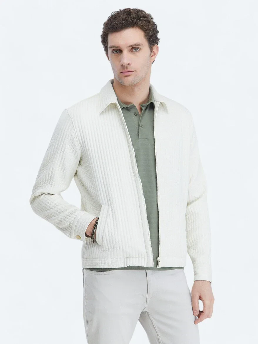Kırık Beyaz Regular Fit Dik Yaka Casual Dokuma Mont - 1