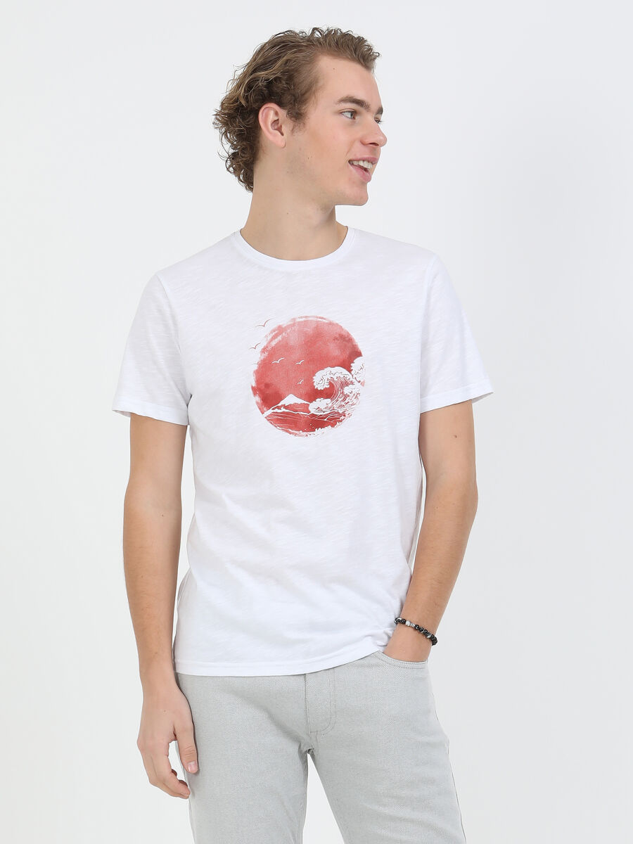 Kırmızı Baskılı Bisiklet Yaka %100 Pamuk T-Shirt - 3
