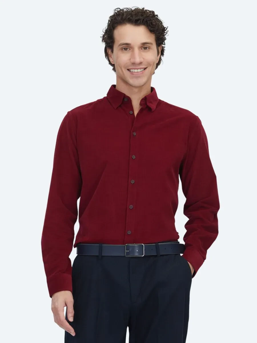 Kırmızı Çizgili Regular Fit Dokuma Kadife Casual %100 Pamuk Gömlek - 1