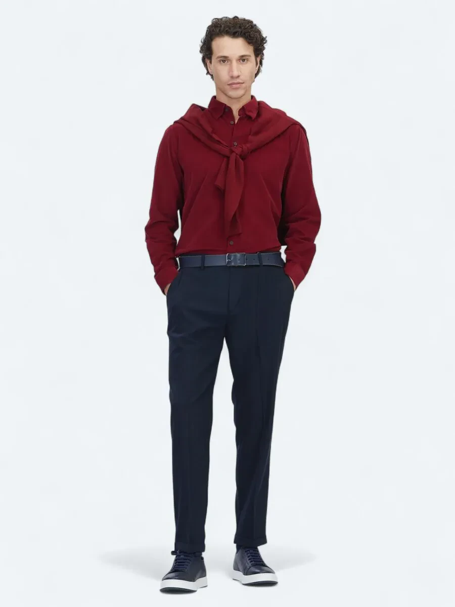 Kırmızı Çizgili Regular Fit Dokuma Kadife Casual %100 Pamuk Gömlek - 3