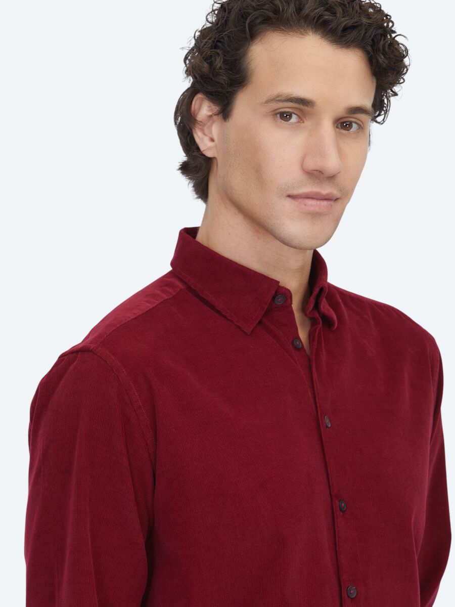 Kırmızı Çizgili Regular Fit Dokuma Kadife Casual %100 Pamuk Gömlek - 4