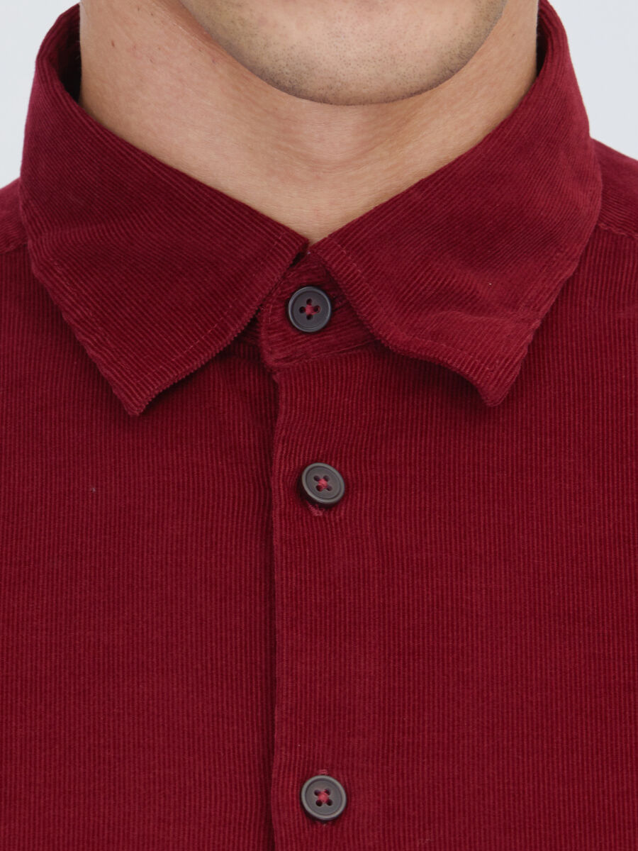 Kırmızı Çizgili Regular Fit Dokuma Kadife Casual %100 Pamuk Gömlek - 5