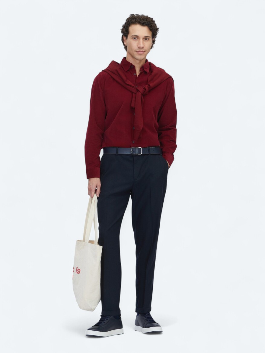 Kırmızı Çizgili Regular Fit Uzun Dokuma Kadife Casual %100 Pamuk Gömlek - 2