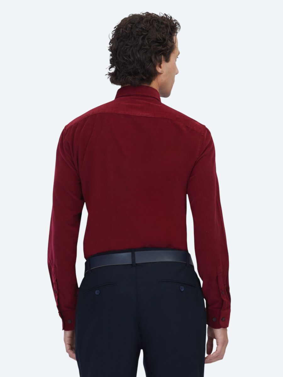 Kırmızı Çizgili Regular Fit Uzun Dokuma Kadife Casual %100 Pamuk Gömlek - 6