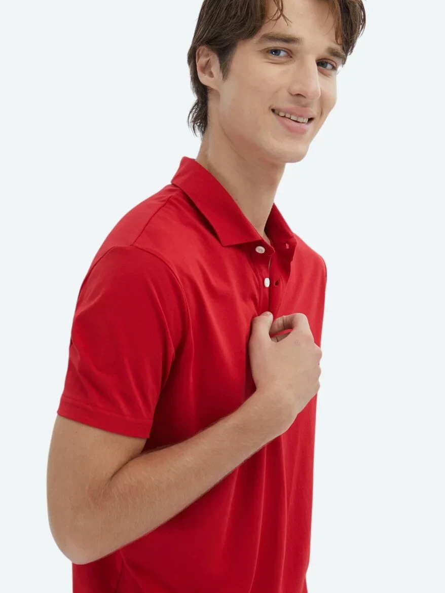 Kırmızı Düz Polo Yaka %100 Pamuk T-Shirt 